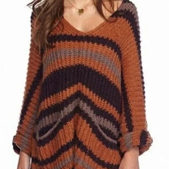 Free People Orange Purple Striped Oversized Knit Sweater XS Boho Fall Wool Blend - Picture 1 of 8